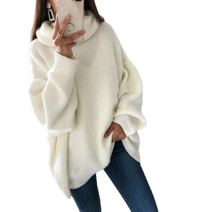 Women Fashion Casual Solid Color Pile Collar Plus Size Loose Knitted Sweater