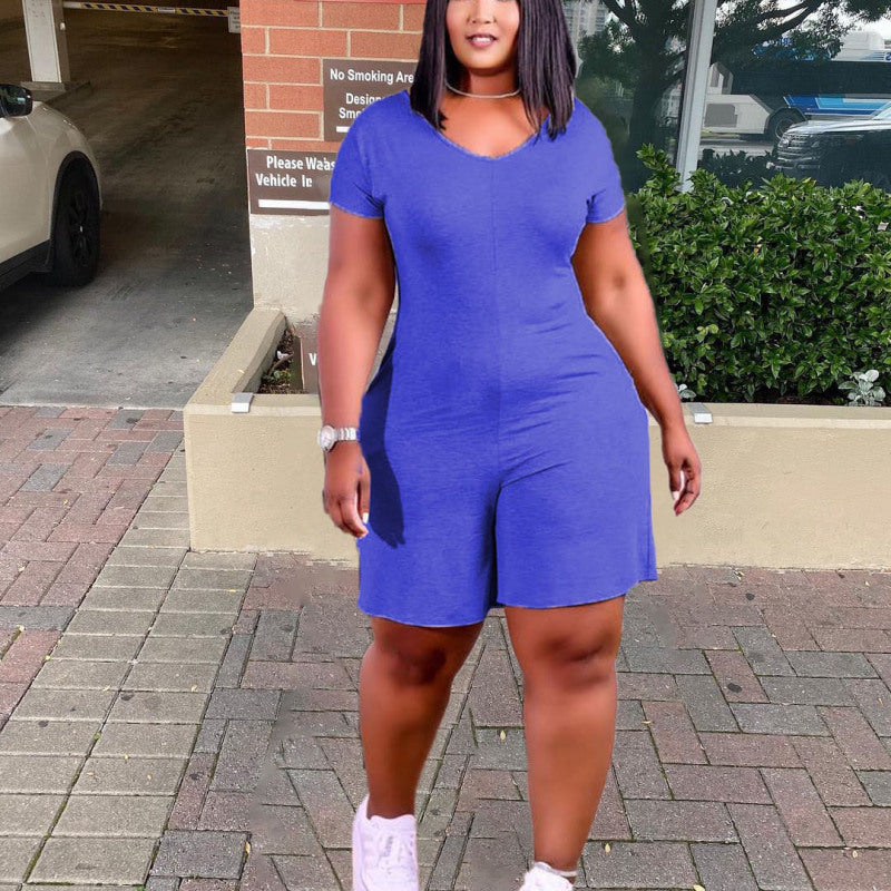 Women Casual Solid Color Short Sleeve Plus Size Romper
