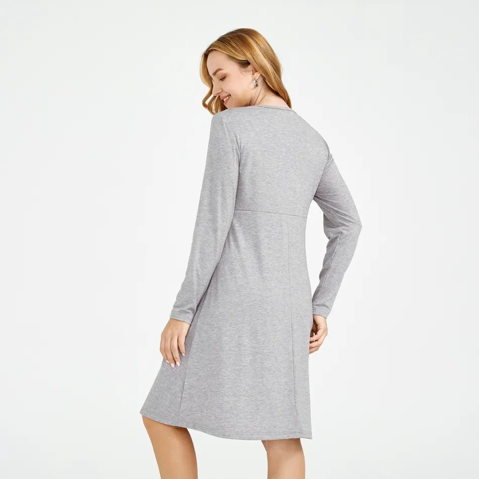 Pregnant Women Casual Solid Color Round Neck Long Sleeve Breastfeeding Dress