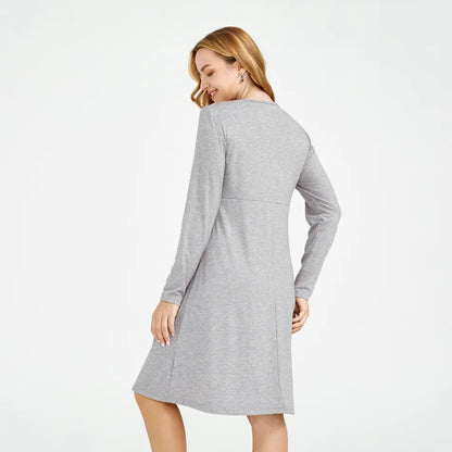 Pregnant Women Casual Solid Color Round Neck Long Sleeve Breastfeeding Dress