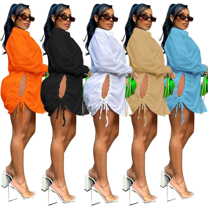 Summer Women Casual Solid Color Hollow Lace-Up Long Sleeve Shirt Dress