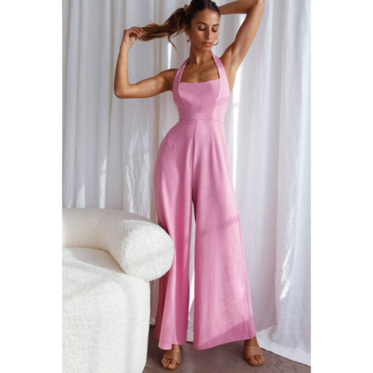 Women Simple Fashion Casual Halter Neck Backless Wide Leg Jumpsuits