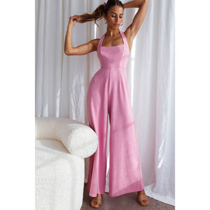 Women Simple Fashion Casual Halter Neck Backless Wide Leg Jumpsuits