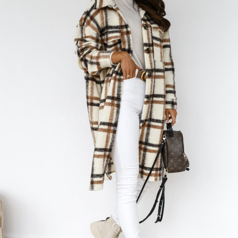 Abrigo de invierno para mujer, de manga larga, con solapa abotonada, informal, cálido, a cuadros