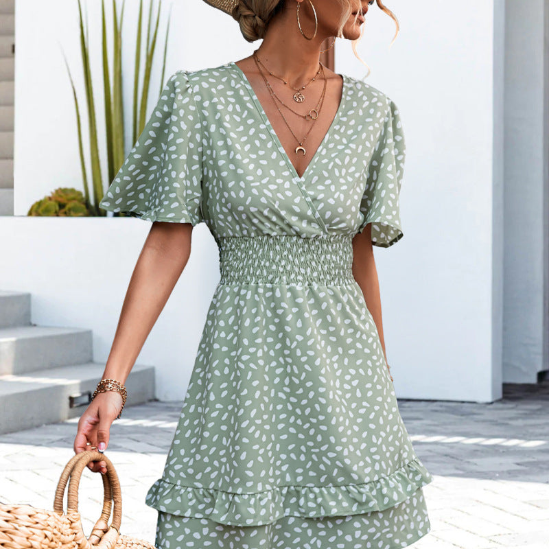 Vestido informal de verano para vacaciones, sexy, con escote en V, mangas abullonadas y cintura definida