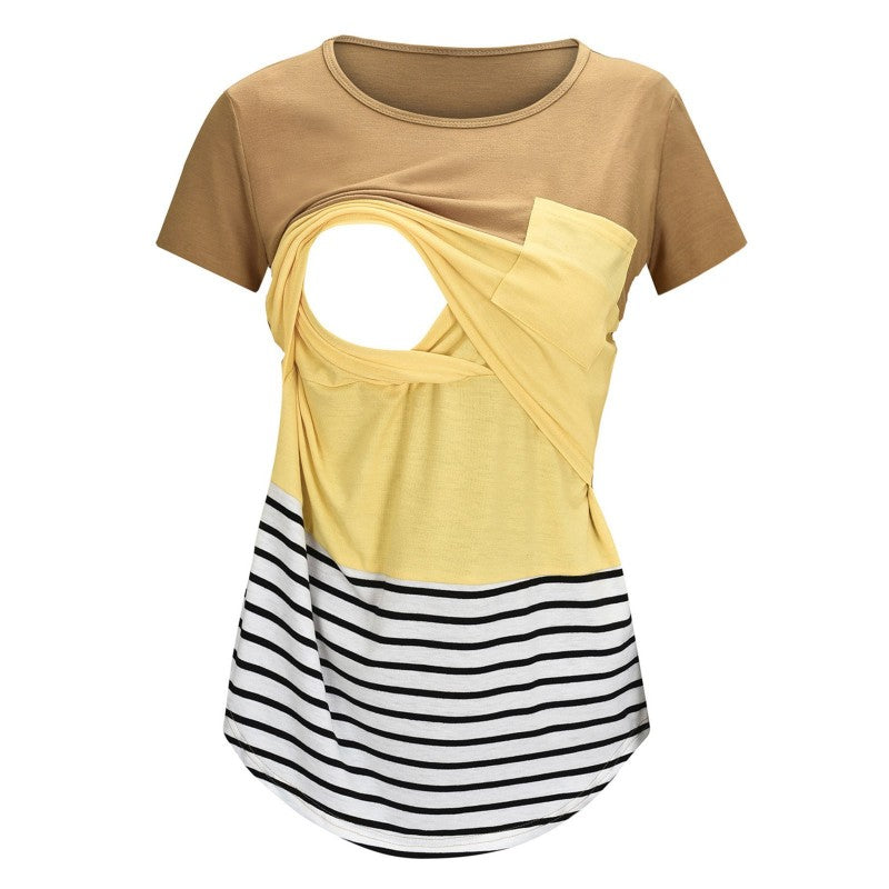Summer Pregnant Women Fashion Casual Stripe Stitching Short Sleeve Breastfeeding Top
