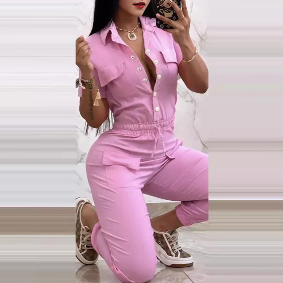 Summer Women Fashion Casual Solid Color Lapel Short Sleeve Defined Waist Jumpsuits