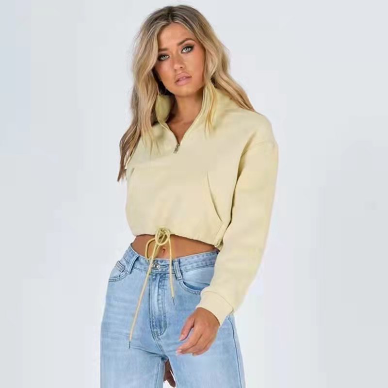 Sudadera corta informal de cuello alto con cremallera y color liso para mujer