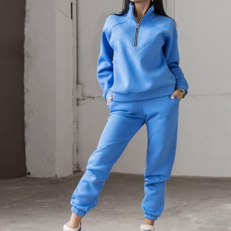 Conjunto de dos piezas de jersey deportivo informal con capucha y manga larga de color liso para mujer