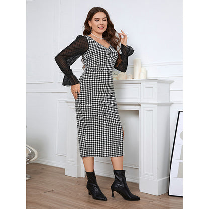 Women Casual Elegant Mesh Long Sleeve Houndstooth V Neck Side Slit Midi Work Dress