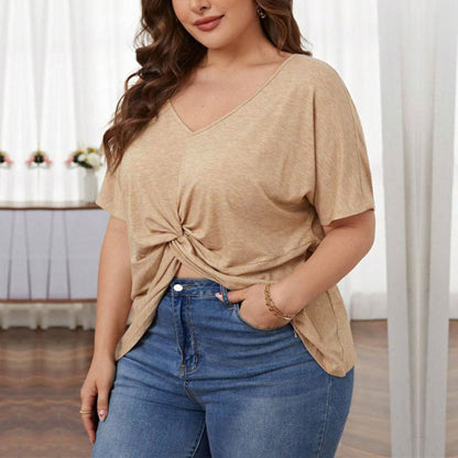 Plus Size Casual Women Solid Color V Neck Short Sleeve Twisted Hemline Loose T-Shirt