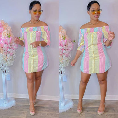 Women Casual Edgy Fashion Irregular Hem Color Blocking Stripe Loose Off-the-shoulder Short Sleeves Dress