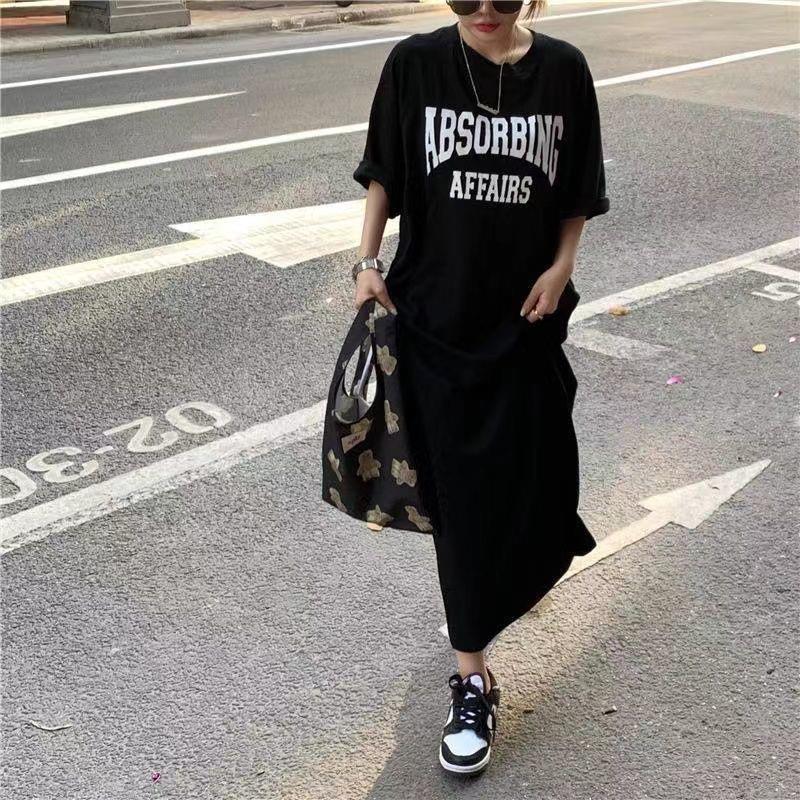Women Casual Loose Crewneck Alphabet Print Maxi Dress