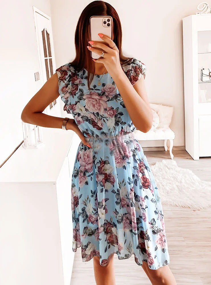 Vestido informal de gasa con volantes y manga corta con estampado floral para mujer