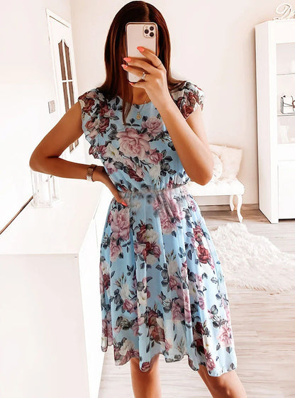Vestido informal de gasa con volantes y manga corta con estampado floral para mujer