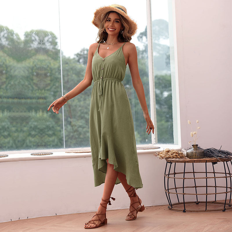 Women Summer Casual Fashion Solid Color Irregular Sling Dress