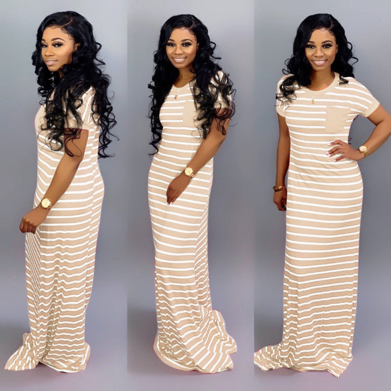 Women Casual Basic Stripe Color Blocking Short-sleeved Maxi Dress