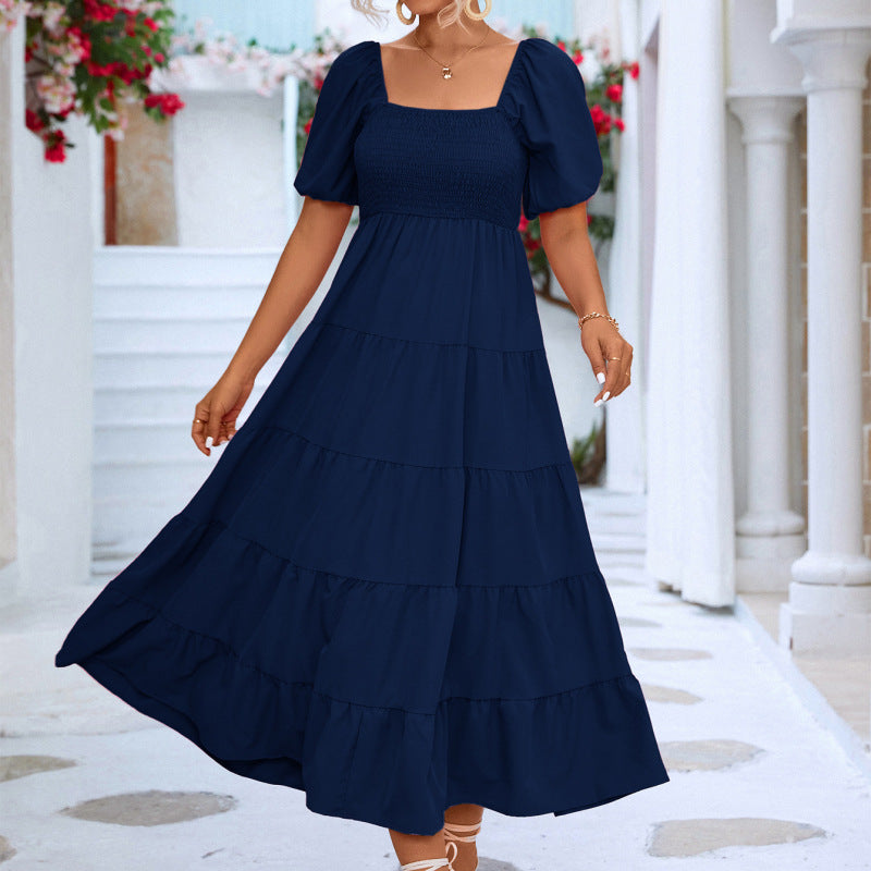 Vestido largo informal de verano para mujer, estilo bohemio, color liso, con hombros descubiertos y volantes