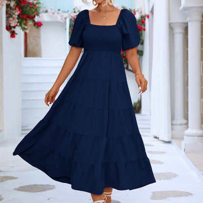 Vestido largo informal de verano para mujer, estilo bohemio, color liso, con hombros descubiertos y volantes