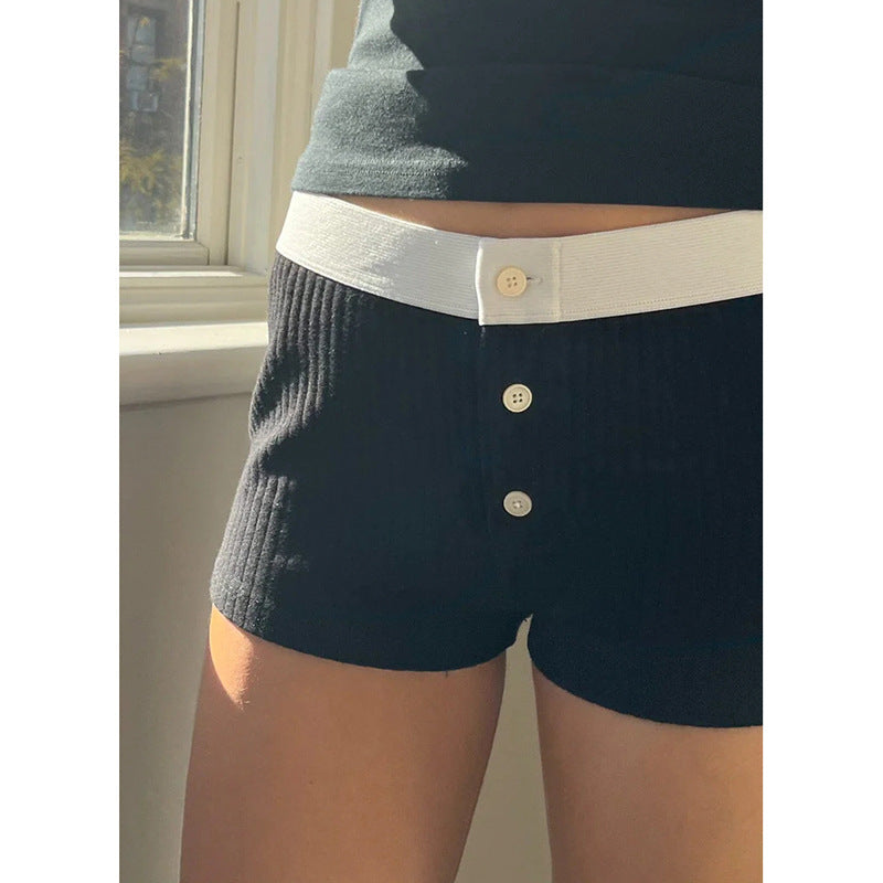 Women Simple Casual Three-Button Pit-Strip Knitted Shorts
