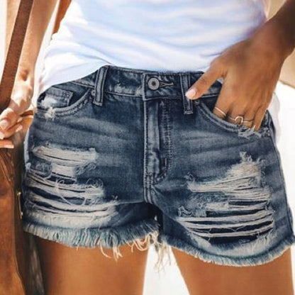 Fashion Summer Women Casual High Waist Ripped Raw Hem Denim Shorts
