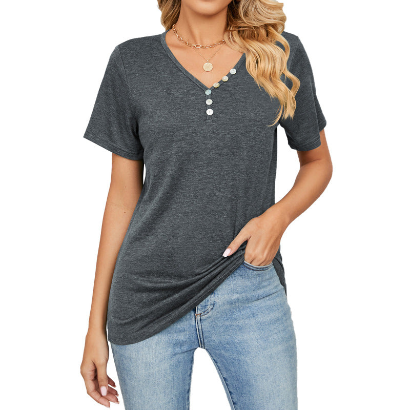 Camiseta informal holgada de manga corta con botones y cuello en V para mujer
