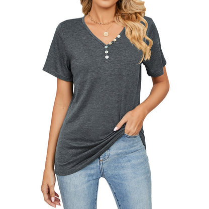 Camiseta informal holgada de manga corta con botones y cuello en V para mujer