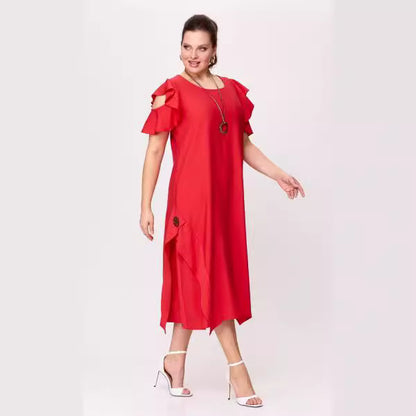Summer Women Casual Solid Color Plus Size Ruffled Short Sleeve Dress