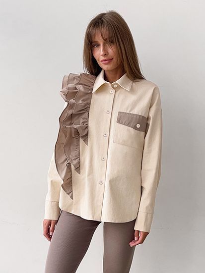 Fashion Office Women Unique Loose Contrast Color Ruffled Long Sleeve Casual Lapel Shirt Blouse