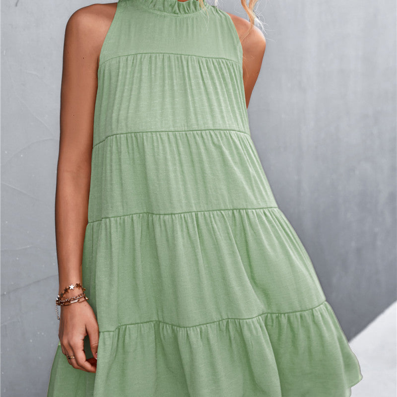 Vestido de verano para mujer, informal, dulce, de color liso, sin mangas, con cuello halter, holgado, corte A