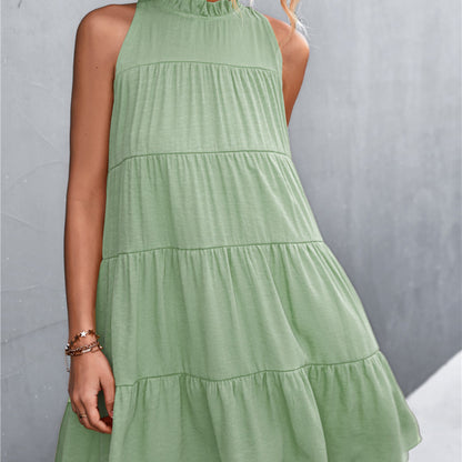 Vestido de verano para mujer, informal, dulce, de color liso, sin mangas, con cuello halter, holgado, corte A