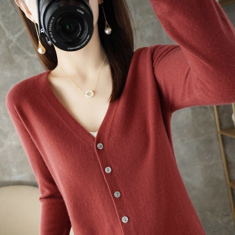 Chaqueta de punto con cuello en V informal de manga larga para mujer