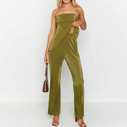 Conjunto de dos piezas formado por top de tubo y pantalón recto, color liso, sexy, sin espalda, para mujer