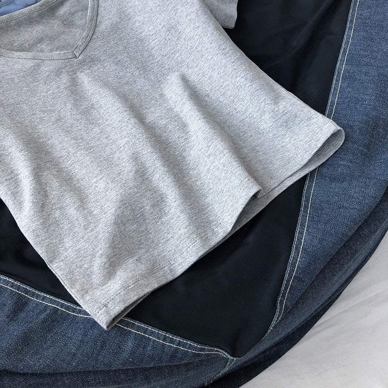 Camiseta básica informal de manga corta con cuello en V y color liso para mujer