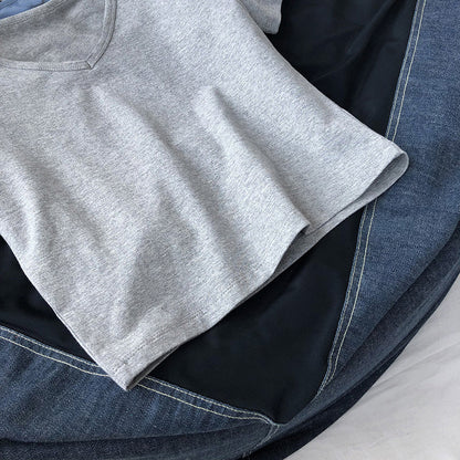 Camiseta básica informal de manga corta con cuello en V y color liso para mujer