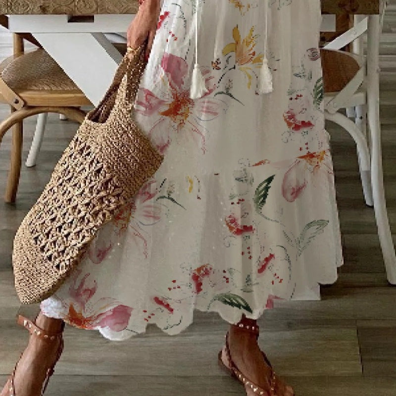 Vestido informal de moda con cuello en V y manga corta con estampado floral para mujer