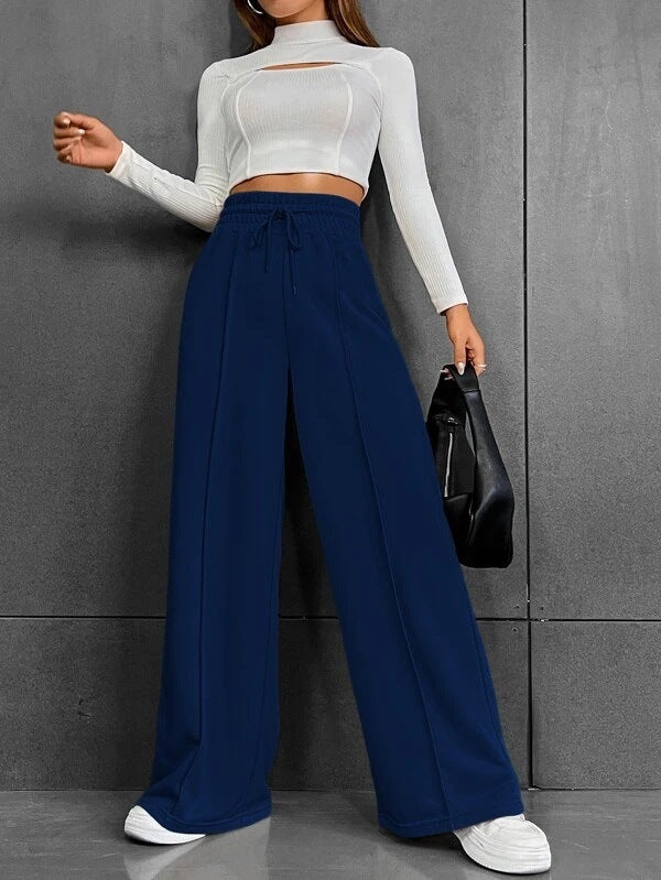 Women Fashion Casual Drawstring Elastic Waist Wide Leg Pants