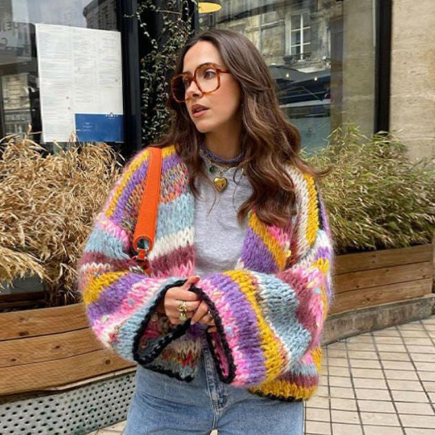 Women Fashion Casual Rainbow Stripe Long Sleeve Loose Knitwear