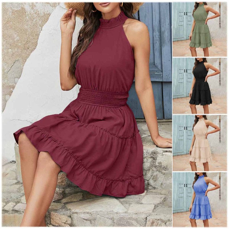 Women Fashion Casual Solid Color Neck Sleeveless Ruffled Dress