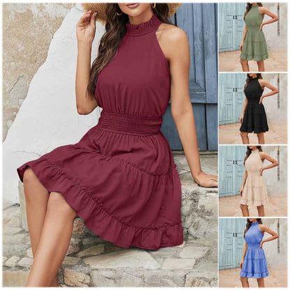 Women Fashion Casual Solid Color Neck Sleeveless Ruffled Dress