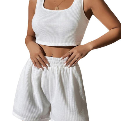 Conjunto básico de punto acanalado de color liso para mujer, moda informal deportiva, vacaciones de verano, camiseta sin mangas, pantalones cortos sueltos