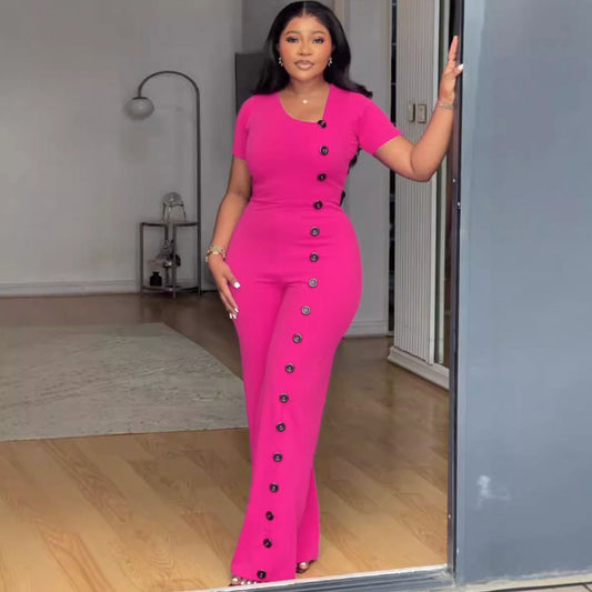 Women Fashion Casual Irregular Button Short-Sleeve Jumpsuit