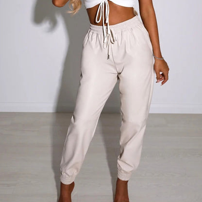 Summer Women Fashion Elastic Waist Casual Solid Color PU Leather Pants
