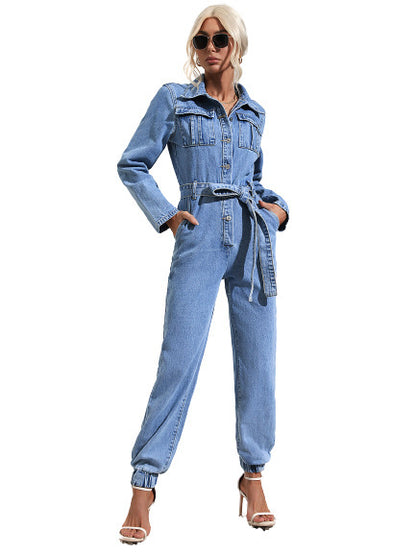 Women Fashion Casual Lapel Long Sleeve Pocket Denim Jumpsuits