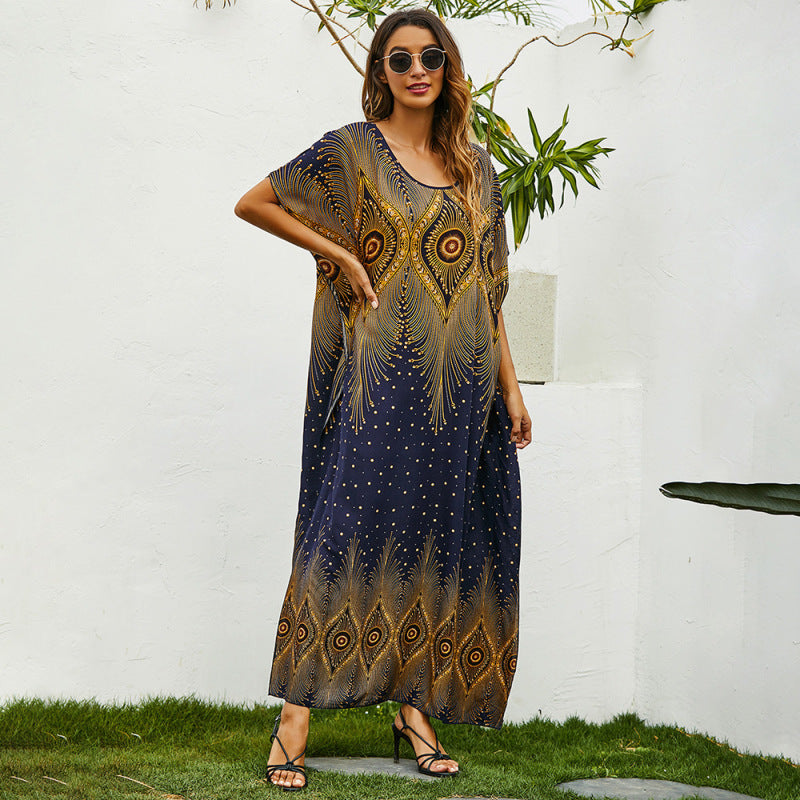 Vestido largo holgado con mangas murciélago y estampado informal a la moda para mujer