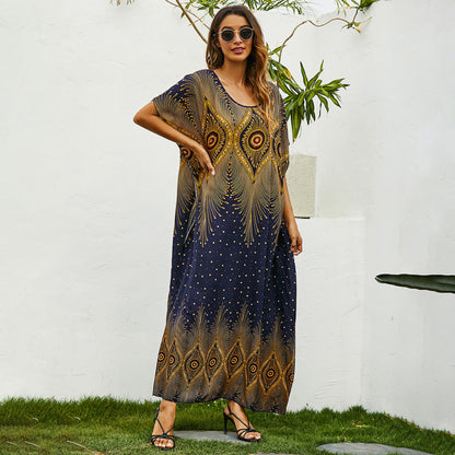 Vestido largo holgado con mangas murciélago y estampado informal a la moda para mujer