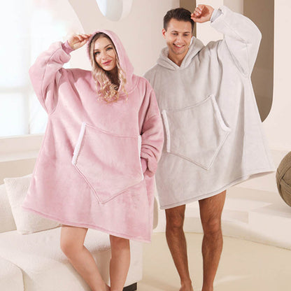 Couples Spring Autumn Casual Lazy Home Solid Color Flannel Long Sleeve Hooded Sleepwear