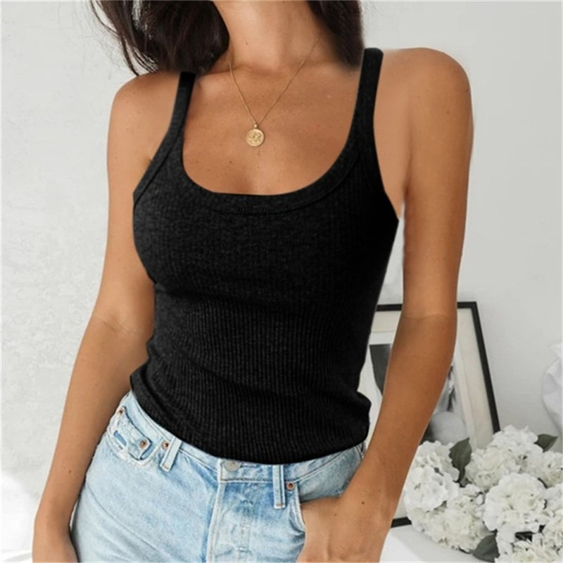 Camiseta básica sin mangas de punto con cuello en U para mujer, informal, de color liso