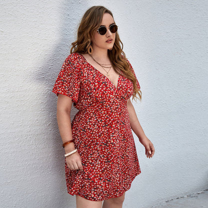 Women Fashion Casual Tiny Flower Printing V-Neck Short Sleeve Plus Size Dress