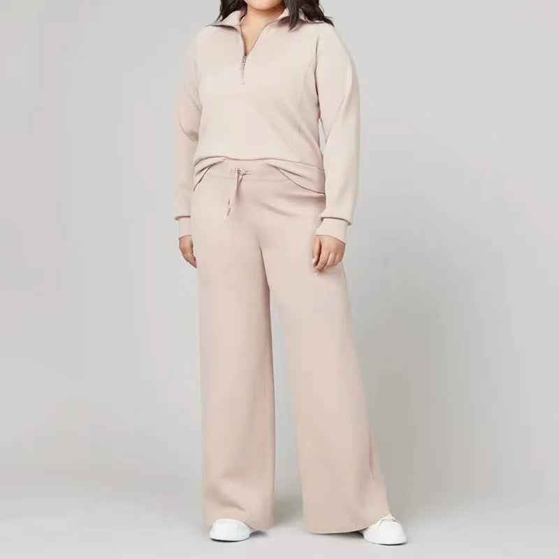 Conjunto de sudadera y pantalón informal de color liso con media cremallera y solapa para mujer